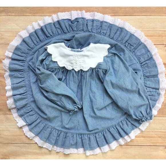 Nursery Rhyme Full Circle Dress Girls 4T Wide Collar Blue Chambray Cottage 1990s - Picture 1 of 10